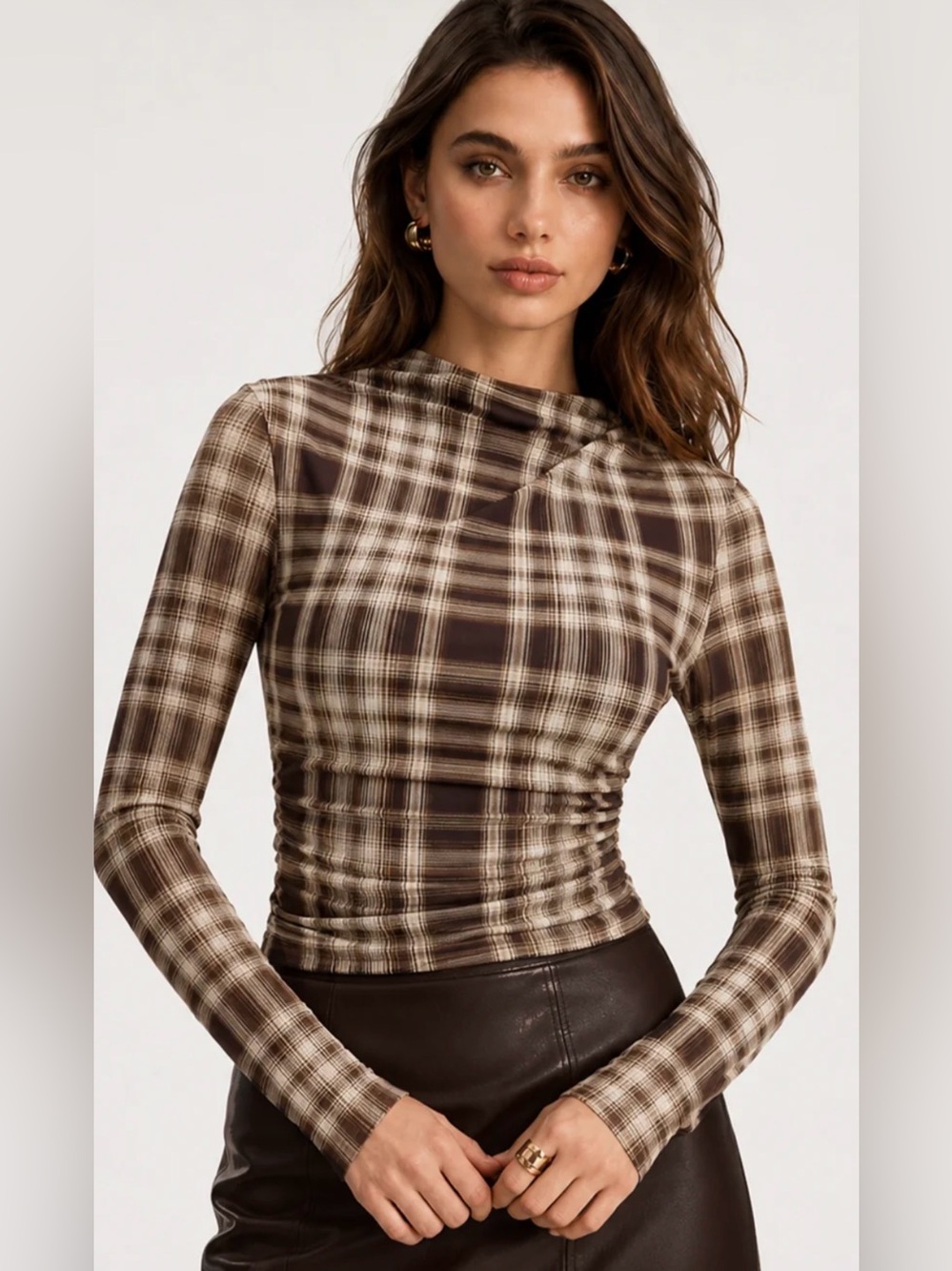Commense Plaid Mesh Ruched Long Sleeve Top